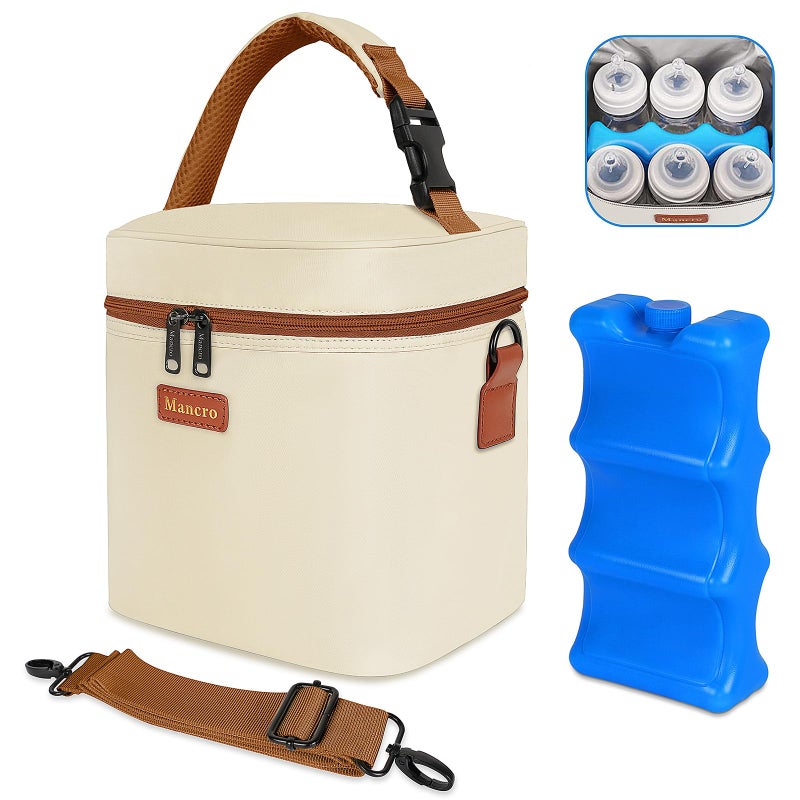 Mancro Breast Milk Cooler Travel Bag with Ice Pack, Insulated Baby Bottle Bag Fits for 6 Baby Bottles Up to 9 Ounce with Detachable Shoulder Strap, Breastmilk Cooler for Working Mom or Daycare, Beige - Image 1